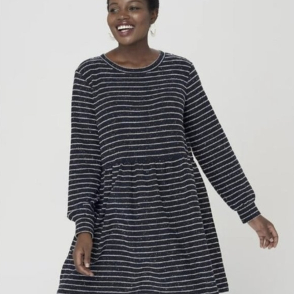 LOFT Striped Long-Sleeve Swing Dress in Navy and White